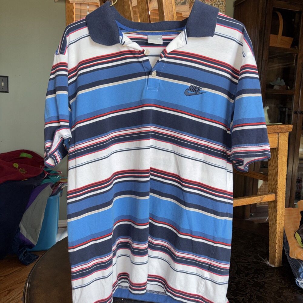 Nike Vintage Y2K Rugby Style Golf Polo Shirt-Blue-Size XL Striped Classic Style